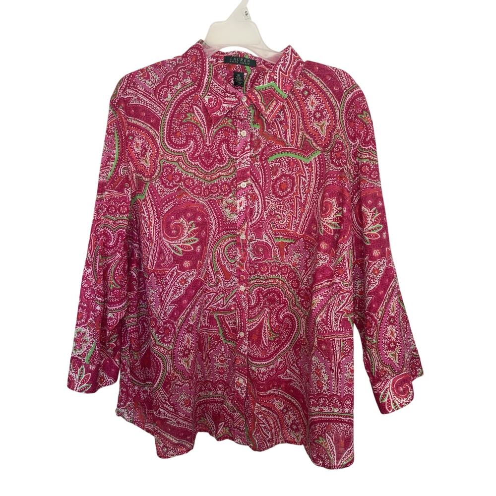 Lauren Ralph Lauren Pink Green Paisley Print Button Down Shirt 3X Cotton